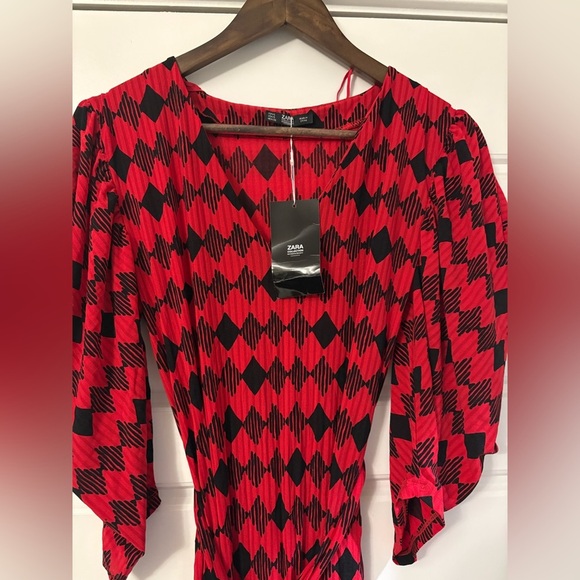 NWT Zara Red Black Belted Tie Geometric Argyle Pattern Chic Maxi‎ Dress Small S - Picture 6 of 7